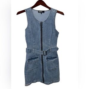 🎀Peace Love Eco by Rewash Denim Zip Front Mini Dress Belted NWOT Medium
